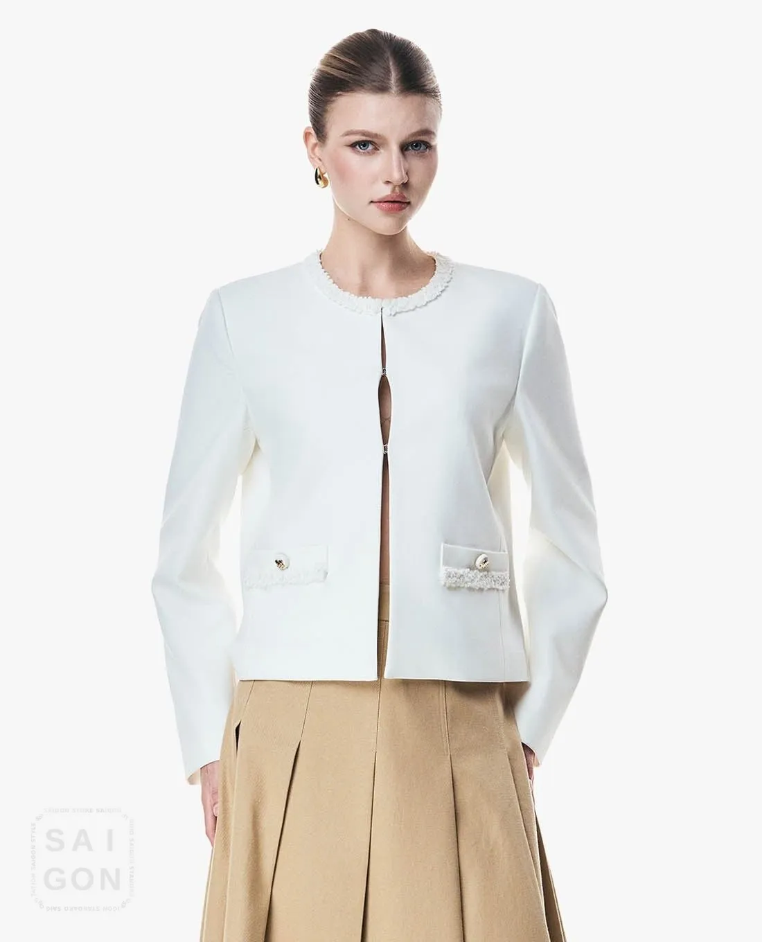 GIGI - Round Neck Cropped Jacket with Ruffles