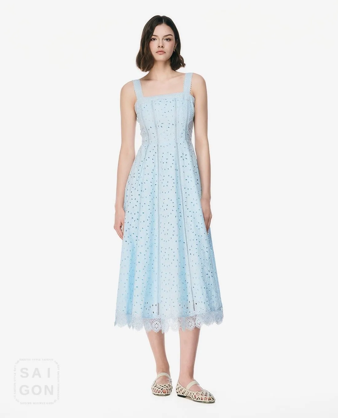 Gigi Two-Strap Midi Dress with Square Neck & Lace Trim
