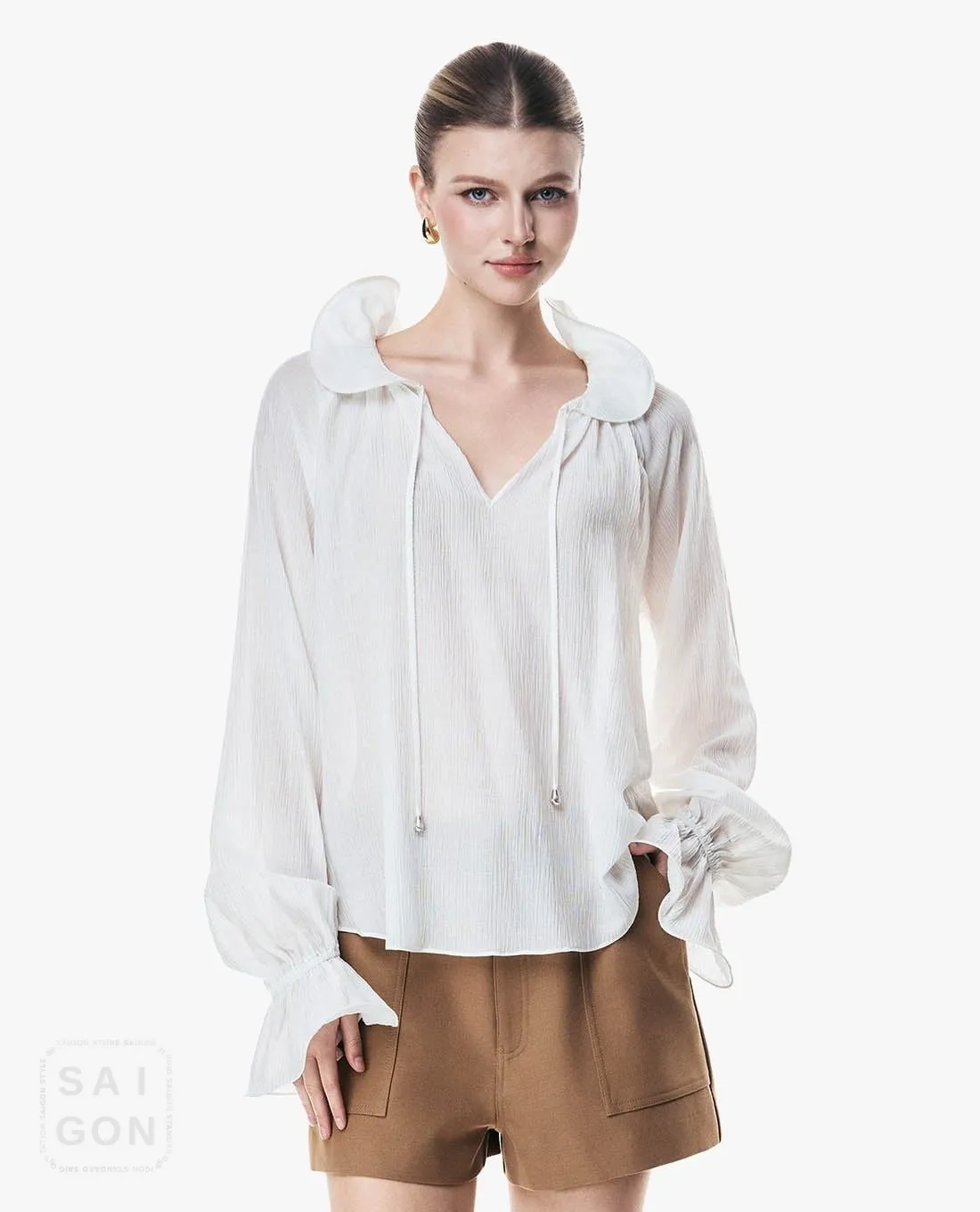 GIGI - Ruffled Collar Puff-Sleeve Blouse with Drawstring