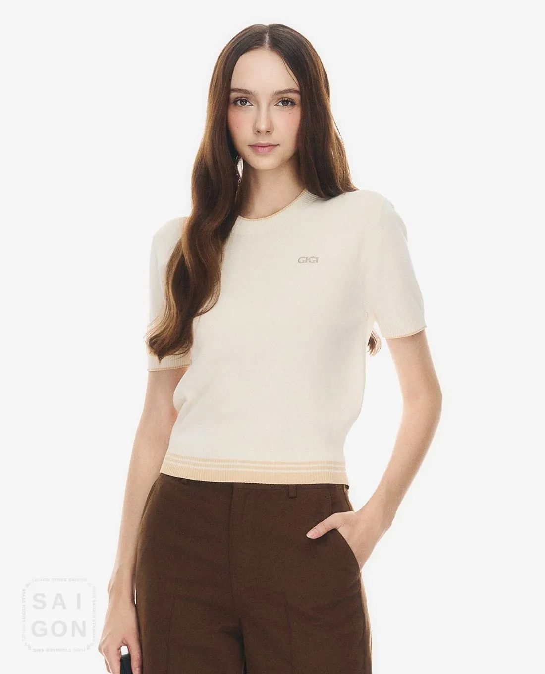 GIGI - Round Neck Short-Sleeve Trim Knit Top