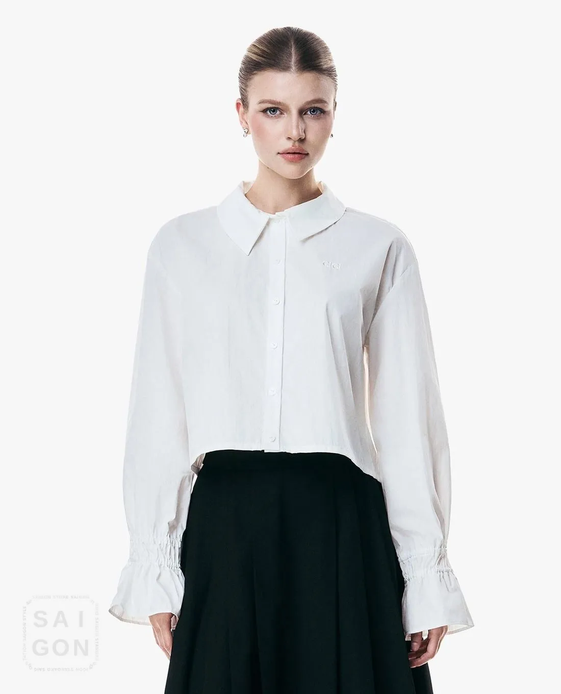 GIGI - Collared Ruched-Sleeve Cropped Shirt