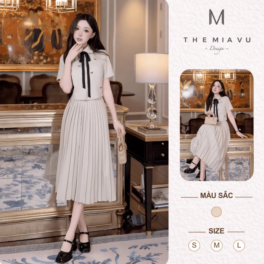 THE MIAVU - Lilian Bow Top & Pleated Long Skirt Set