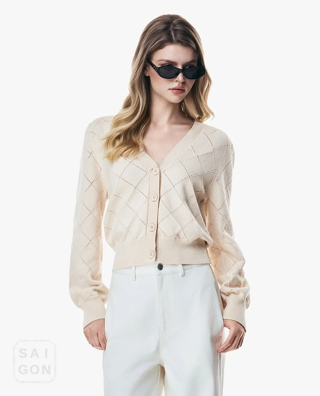 GIGI - V-Neck Long-Sleeve Diamond Pattern Cardigan