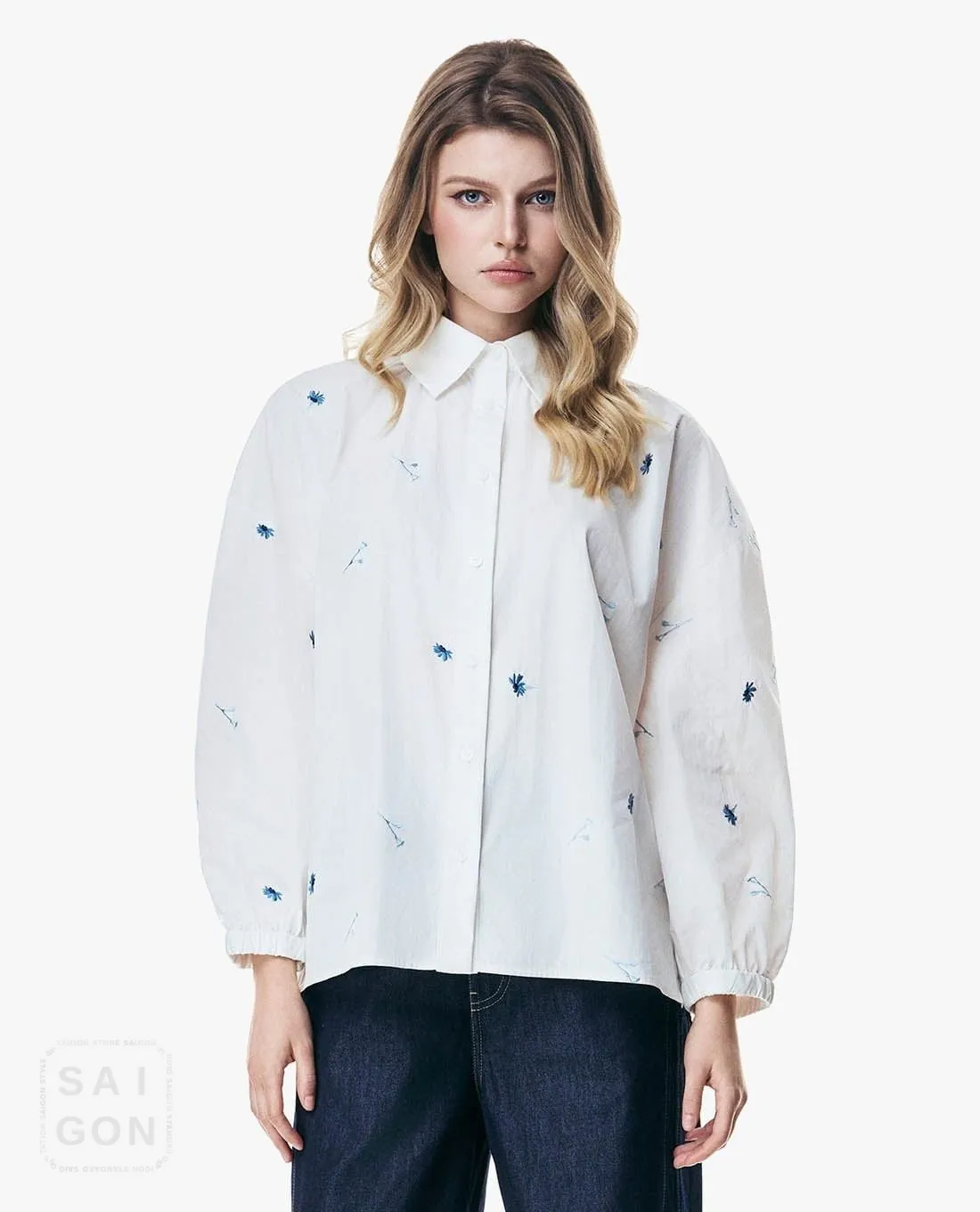 GIGI - Collared Long-Sleeve Shirt with Floral Embroidery